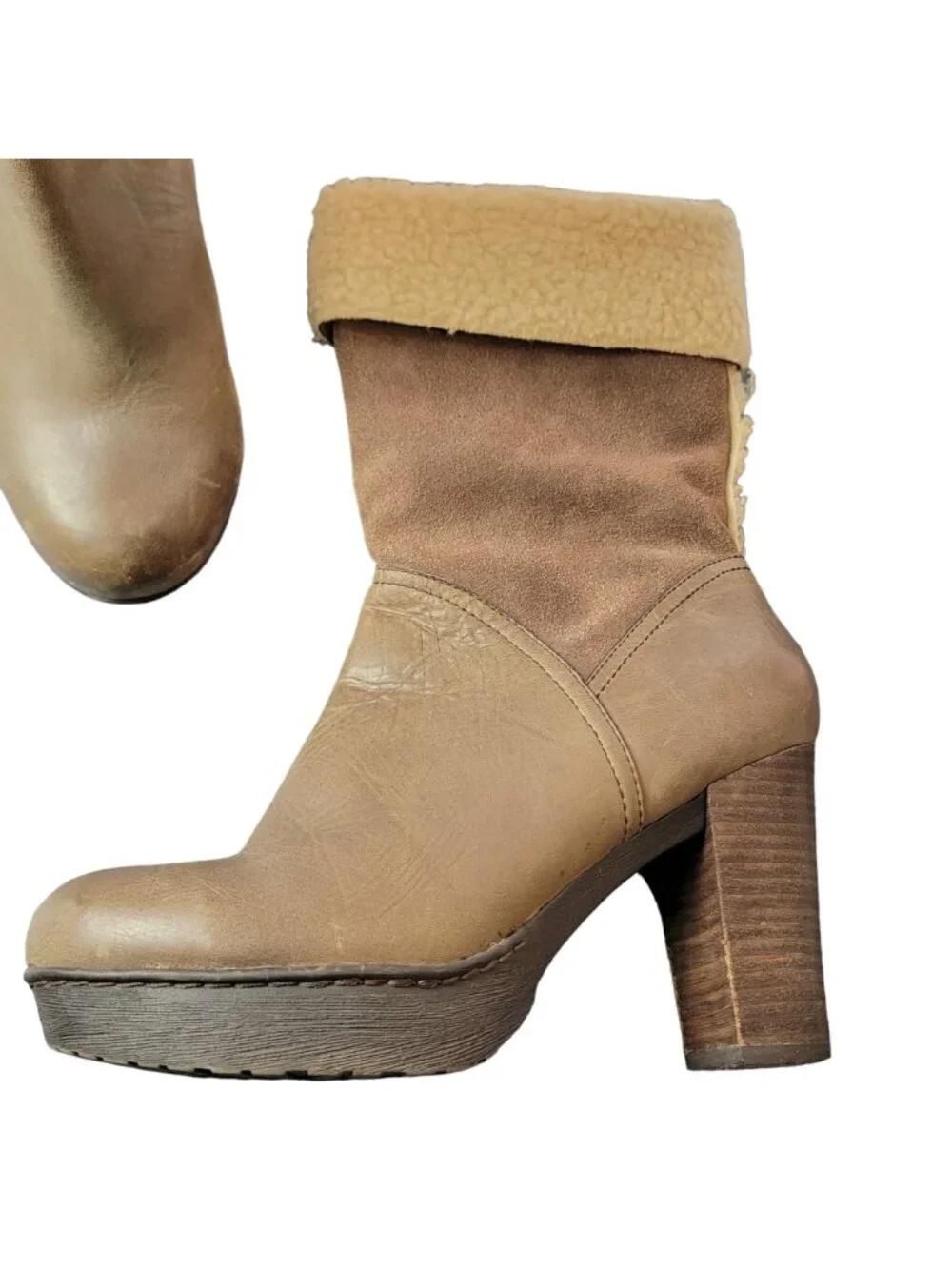 Nicole Platform Suede Boots 7.5 Brown Sherpa Leather Shoes Heel Mid Calf Women M
